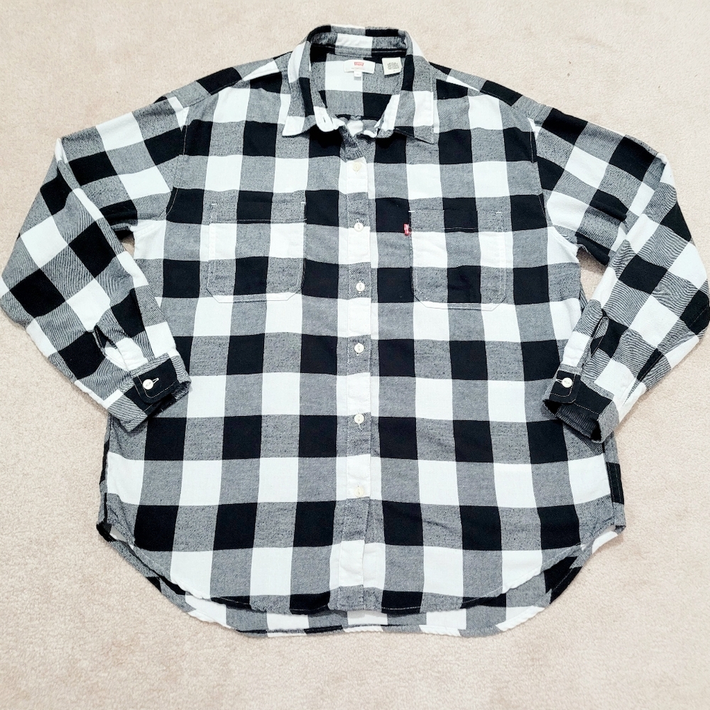 Levi’s Plaid Button Down Shirt Women Medium Black White Flannel Casual Cotton - Picture 12 of 12